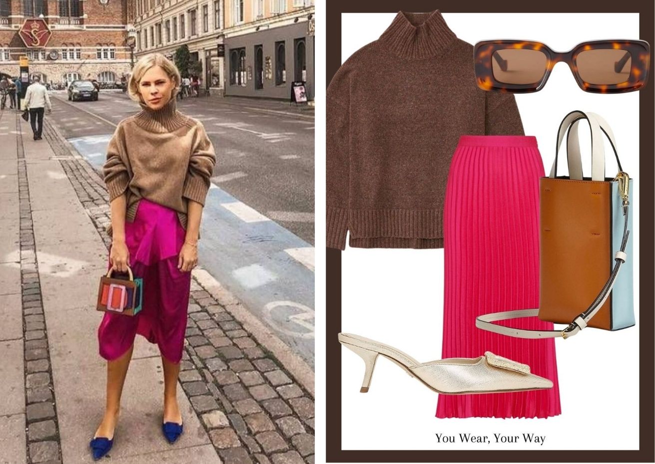 pop of colour look - brown jumper hot pink skirt - dida ritchie style edit