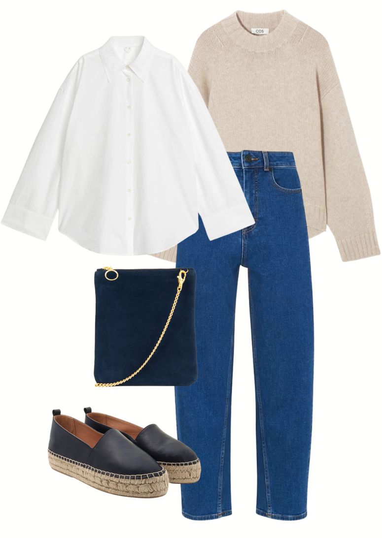 what to wear to work look two - dark blue cropped jeans, crisp white shirt, beige jumper, dida ritchie navy blue flat espadrilles