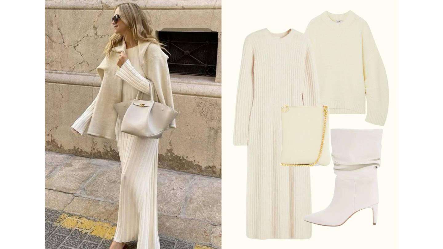 cream knit dress, cream jumper,, white boots and dida ritchie india clutch bag cream leather