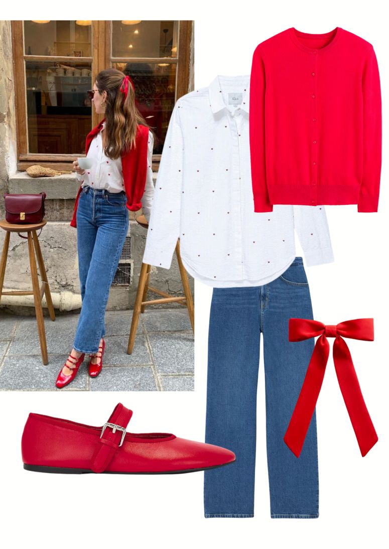 pop of red outfit inspiration - red cardigan, white shirt, red hair bow, blue jeans, red shoes