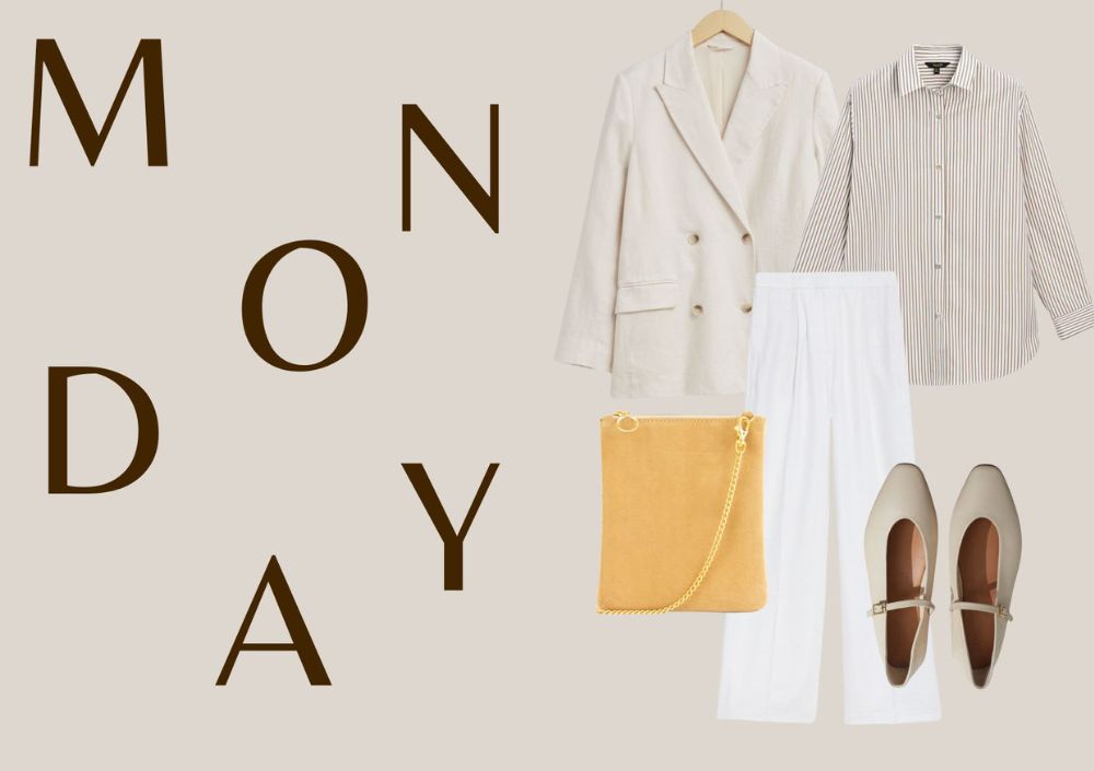 dida ritchie outfit collage, cream blazer, white wide leg trousers, brown & white strips shirt, cream ballet pumps, dida ritchie tan suede clutch bag