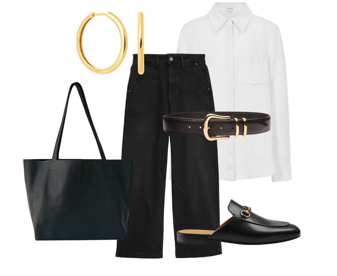 Black jeans and outfit collage - Dida Ritchie Tessa Tote Bag Black Leather