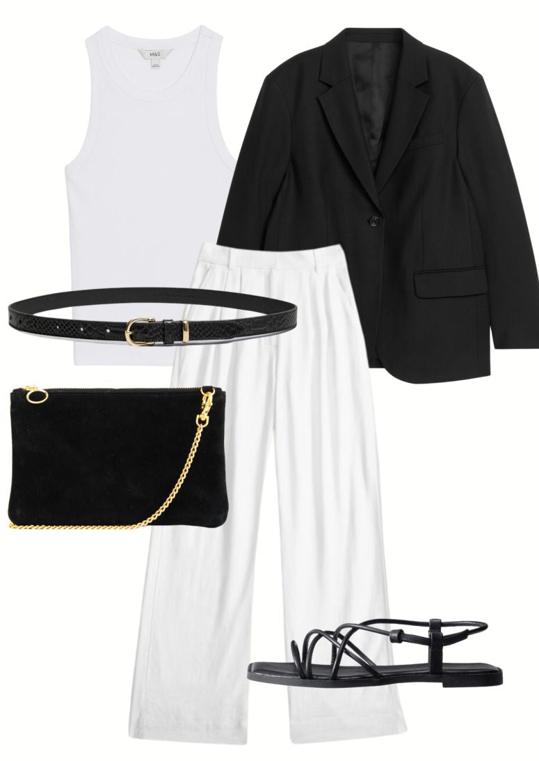 what to wear look 2 - black blazer, white tank top, black skinny belt, dida ritchie black suede clutch bag, black sandals