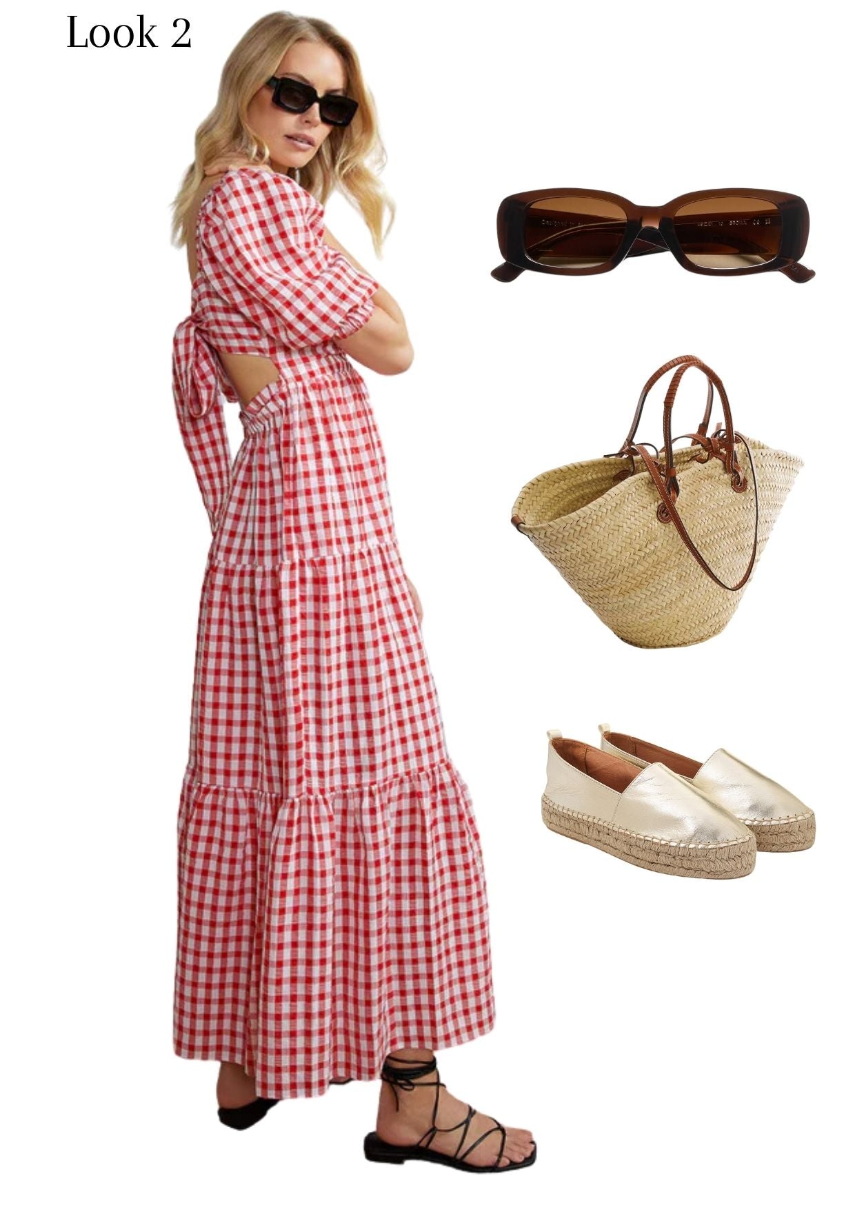 look 2: red and white gingham dress and accessories
