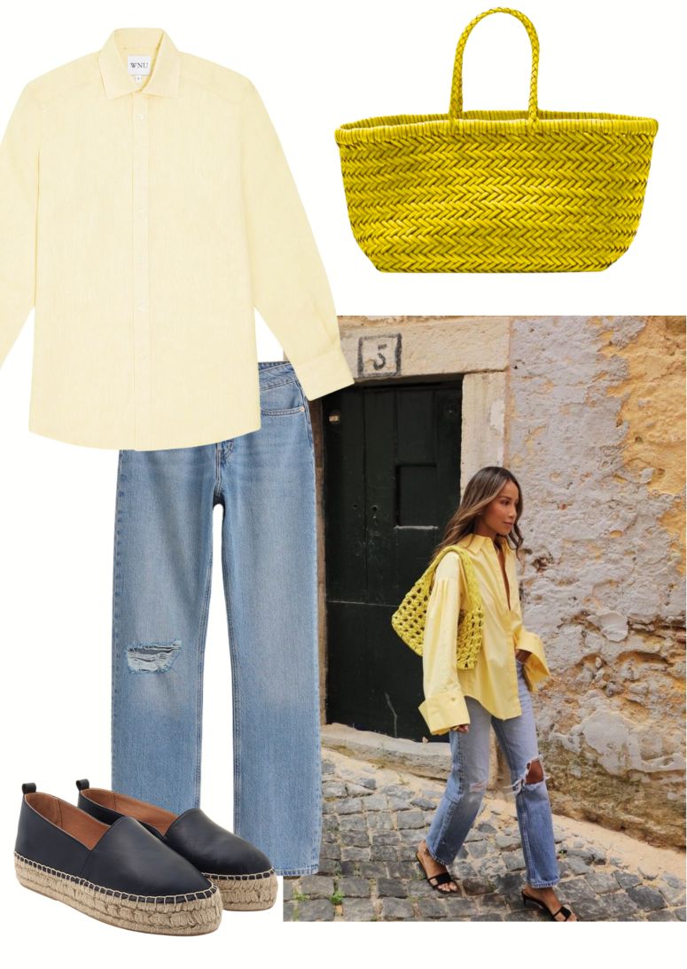 pop of yellow outfit inspo - yellow bag, yellow shirt, blue jeans, dida ritchie navy leather espadrille shoes