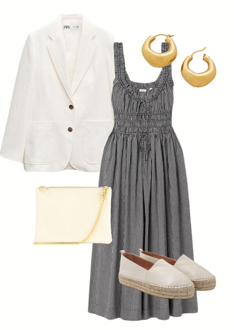 what to wear to work look one, black and white midi dress, white blazer, gold hoop earrings, dida ritchie cream clutch bag, dida ritchie ivory leather flat espadrilles