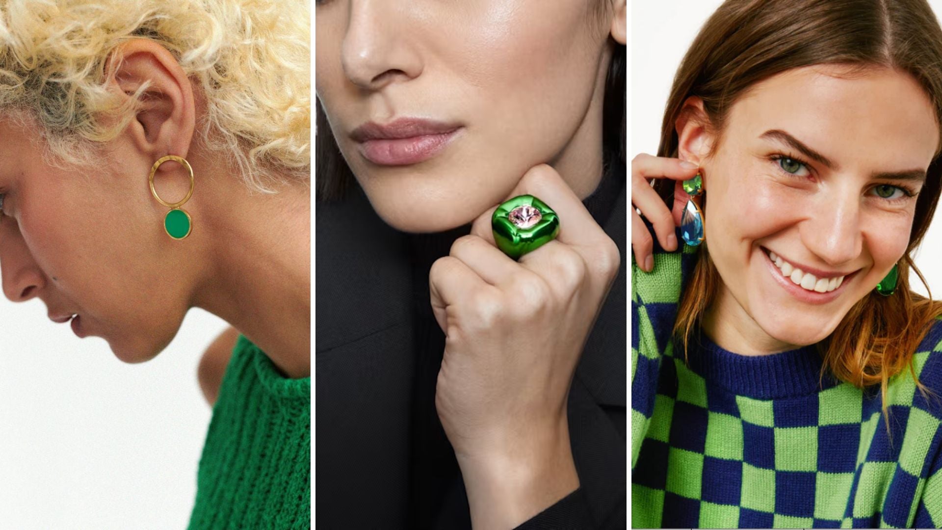 green earrings, green ring, green and blue earrings