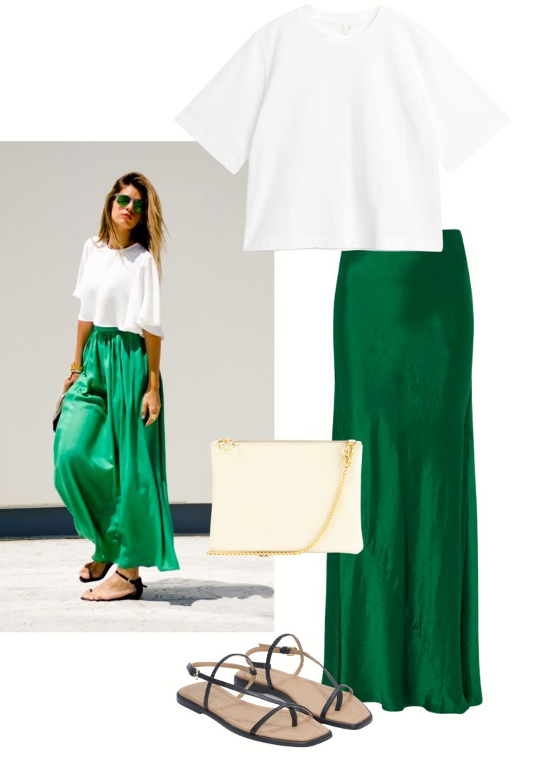 pop of green outsit inspo - green skirt, white t-shirt, black sandals, dida ritchie clutch bag in cream leather