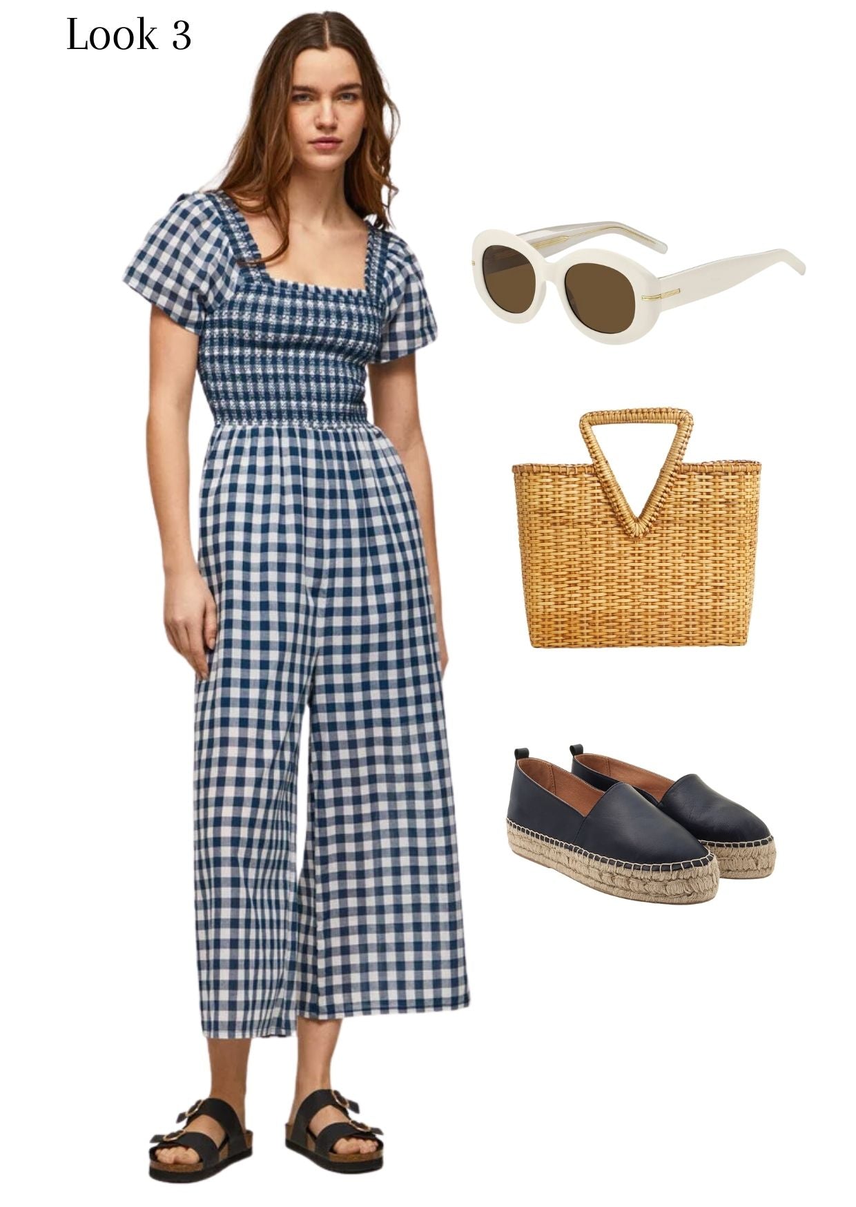 blue and white jumpsuit and accessories
