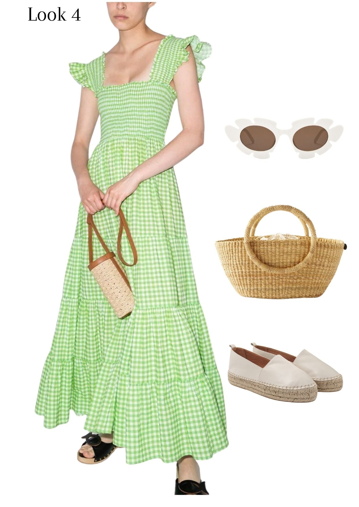 look 4: green and white gingham dress and accessories