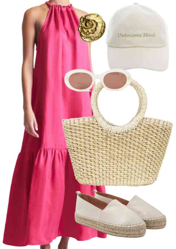 asceno hot pink dress, gold florwer ring, white cap, white rim sunglasses, basket bag, dida ritchie ivory leather espadrilles