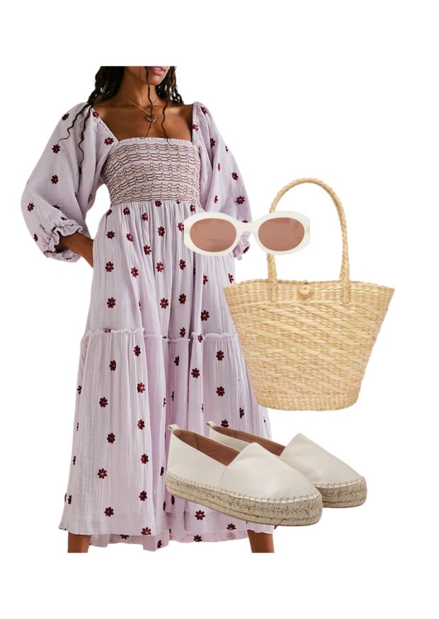 Free People Purple dress, Ivory Dida Ritchie Espadrilles, straw bag, celine white sunglasses
