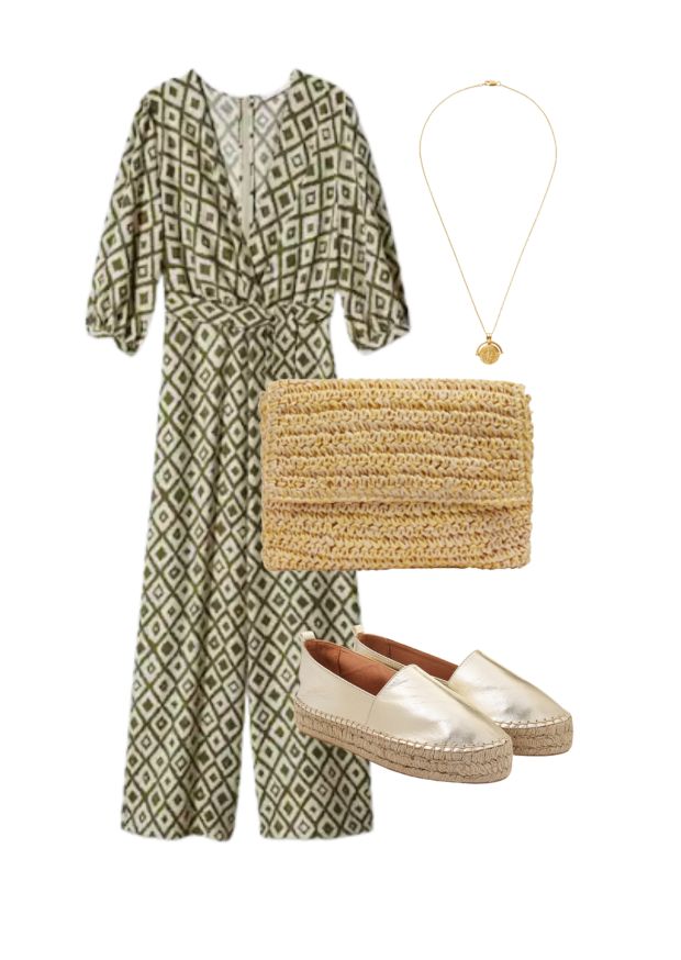 green and cream geometric mango jumpsuit, raffia clutch, missoma gold necklace, dida ritchie metallic flat espadrilles