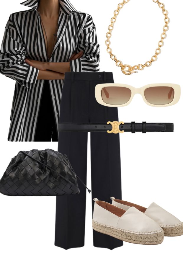 amr london monochrome shirt, laura lombardi gold necklace, cos cream sunglasses, celine skinny belt, bottega black woven bag, dida ritchie ivory leather espadrilles