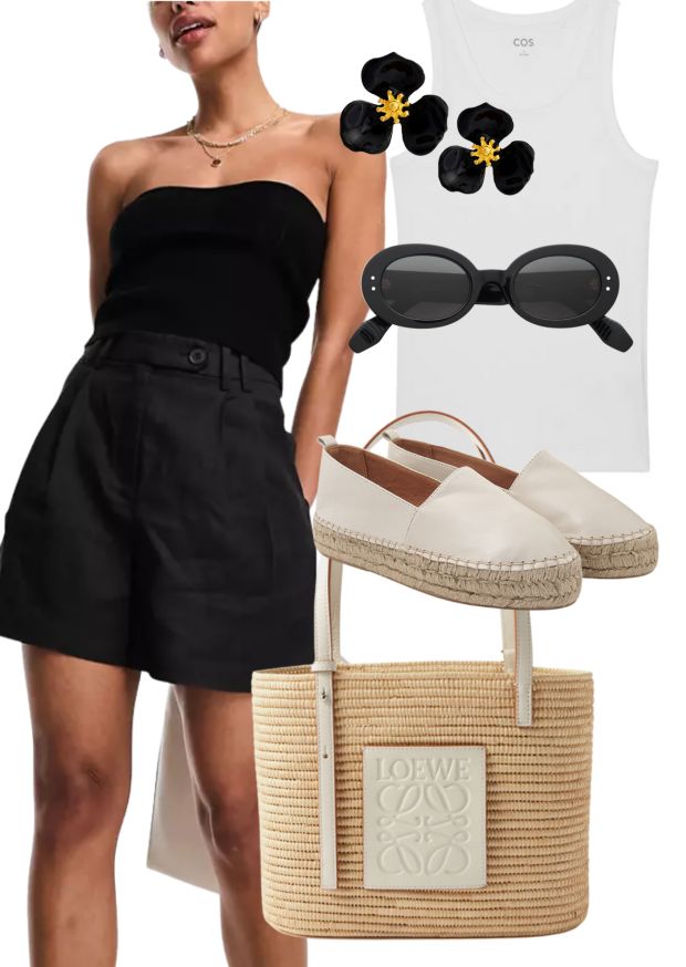 and other stories shorts, cos racer back white, black flower earrings, dida ritchie ivory espadrilles, loweve straw bag, black celine sunglasses 