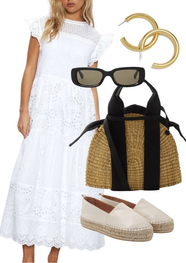 warehouse white broderie midi dress, gold chunky earrings, black sunglasses, staw bag with black ribbon details, dida ritchie ivory leather espadrilles