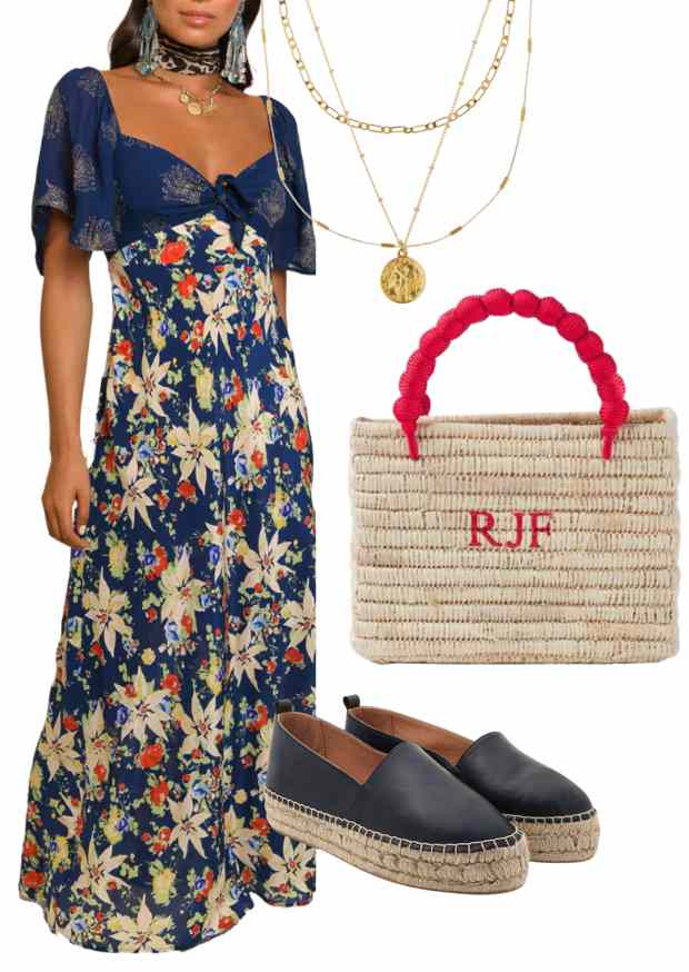 rixo dress, rae feather jute bag, gold necklace and dida ritchie navy espadrilles