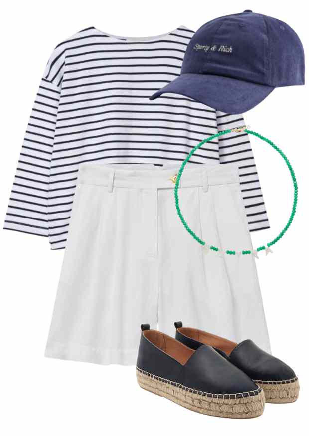 breton blue and white stripe top, sporty and rich blue cap, white wide leg shorts, roxanne first extra beaded necklace, dida ritchie navy leather espadrilles