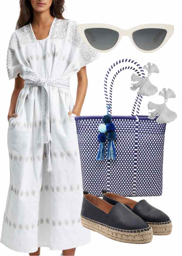 Pippa holt kaftan, anine bing white rim sunglasses, aspiga woven blue basket bag, mint velvet silver tone leaf drop earrings, dida ritchie navy leather espadrille shoes