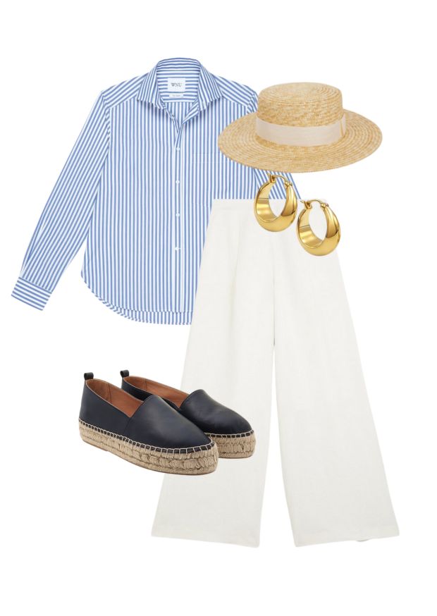 with nothing underneath blue and white stripe shirt, karen millen white wide leg trousers, daphine gold hoop earings, dida ritchie navy espadrilles, boutique bonita straw hat