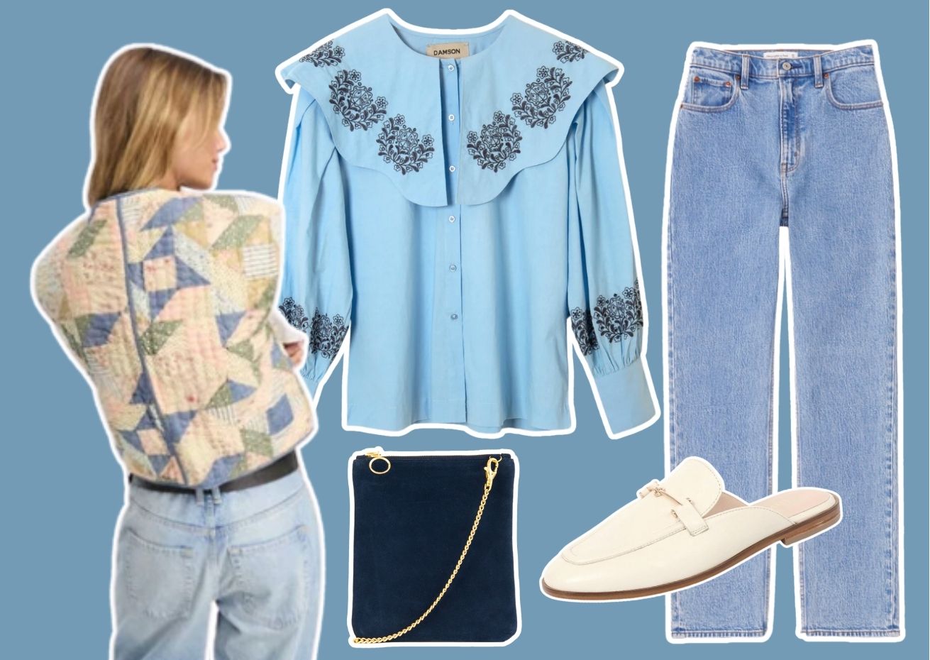items to recreate Zeena Shah look - blouse, jeans, jacket, bag, shoes