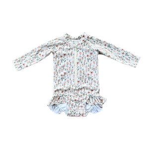 Girl's One-Piece Ruffle Rash Guard Swim Suit - Retro Daisy - Mady and Max 