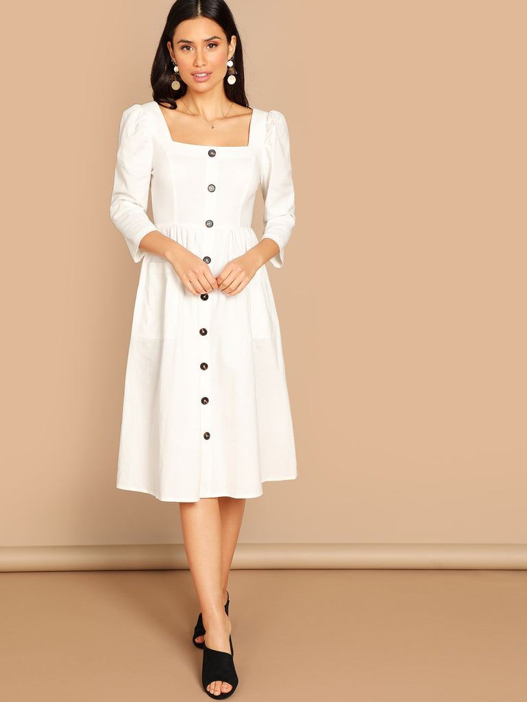 white square neck midi dress