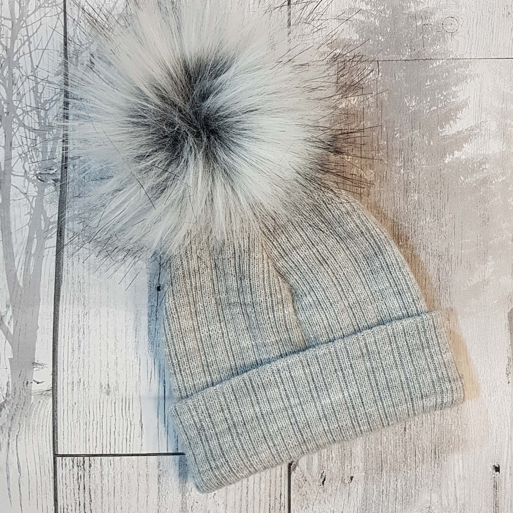 Grey Baby Faux Fur Pom Pom Hat Option To Personalise Add Name Lullaby Lane Baby Shop