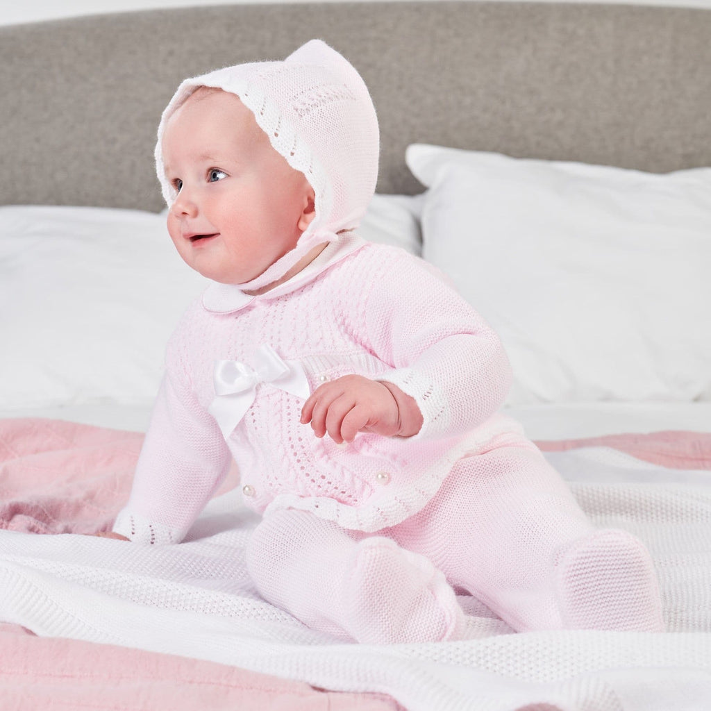 Pink Knitted Three Piece Outfit with Bonnet – Lullaby Lane Baby Shop
