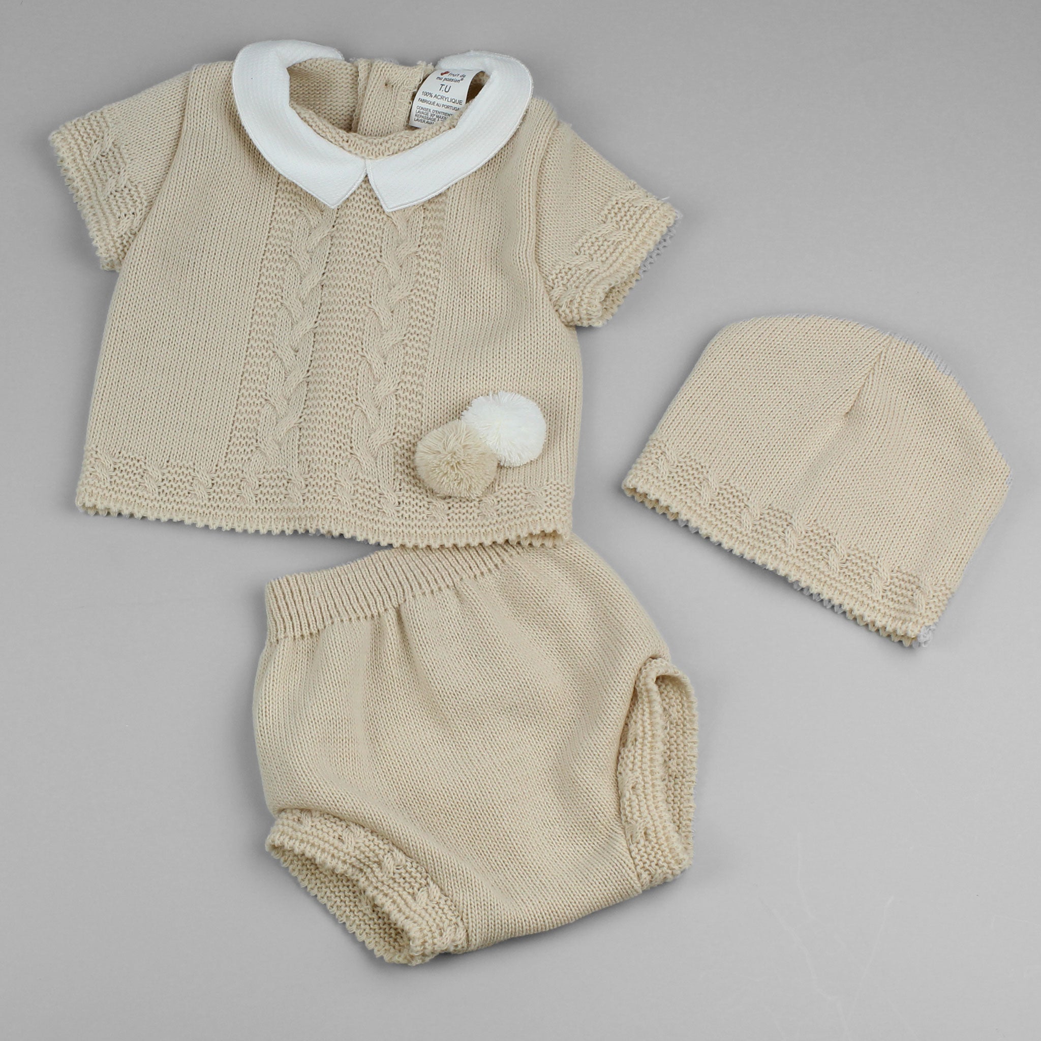 Baby Boys Beige Three Piece Outfit With Hat and Pom Poms