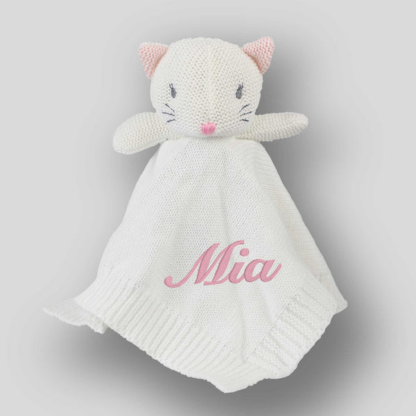 Personalised Knitted Baby Comforter - White Cat/Kitten – Lullaby Lane ...