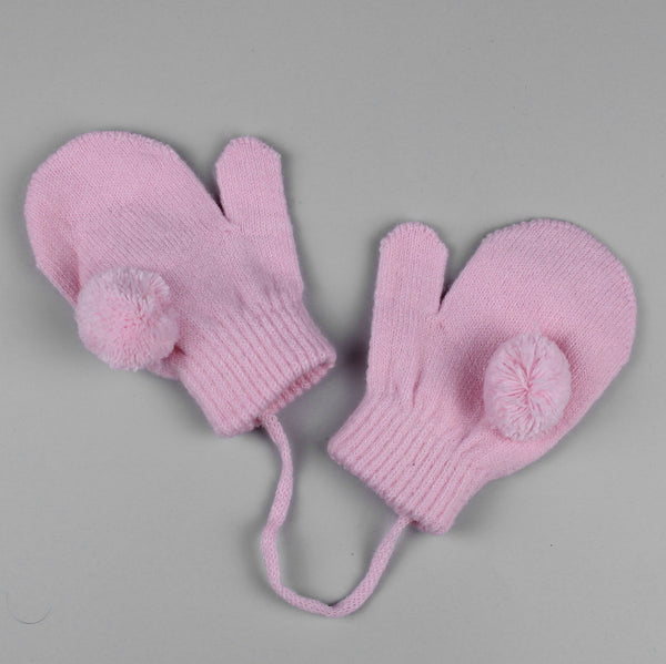 Baby Mittens/ Gloves with pom poms and connecting string (Two sizes) - Pink