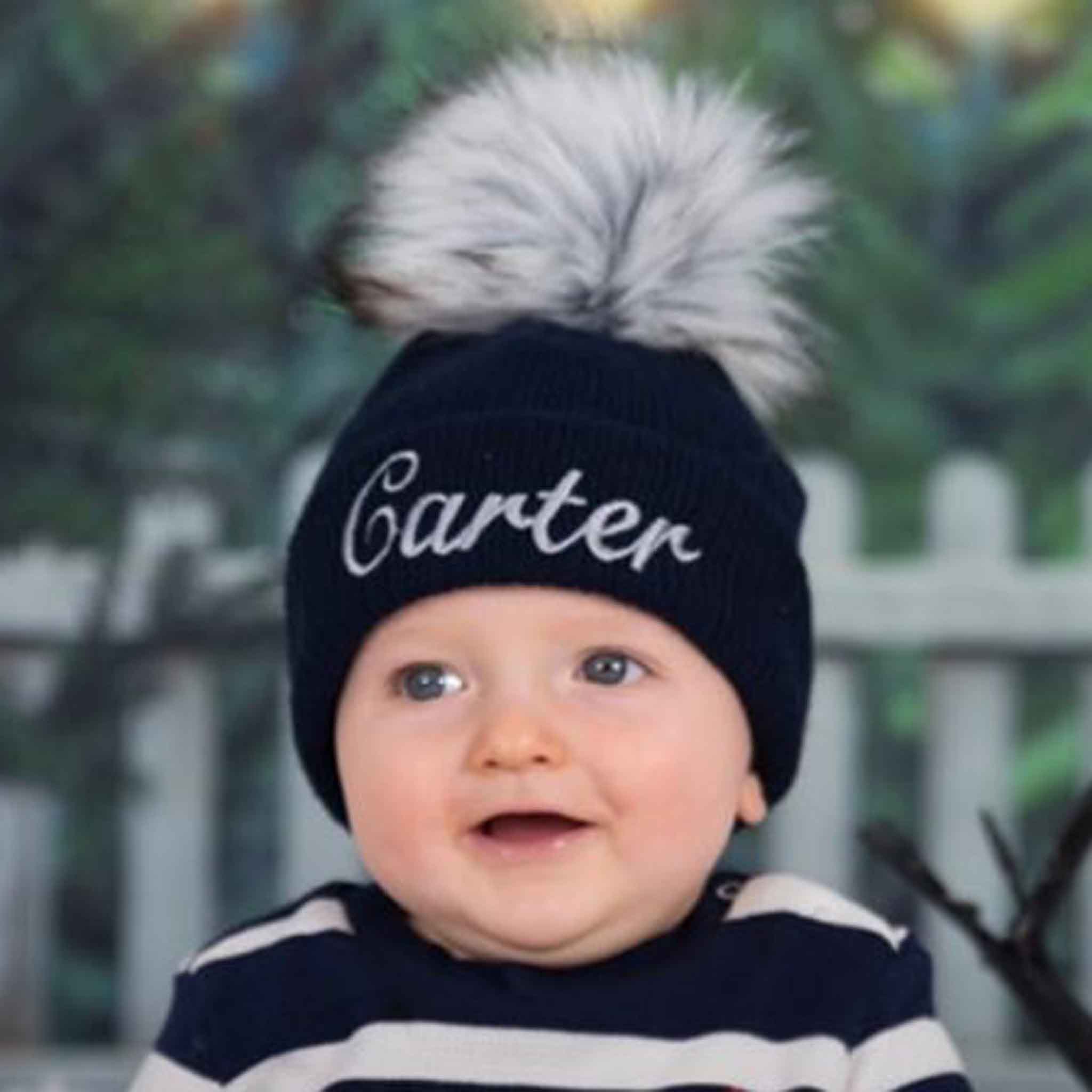Personalised Baby Hat Navy Blue Faux Fur Pom Pom Hat Lullaby Lane Baby Shop