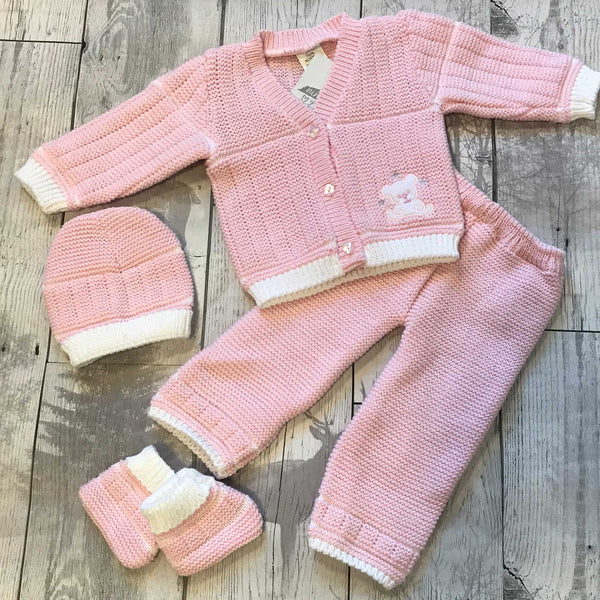 Knitted Outfit  Baby Girl Pink Top, Trousers, Booties and Hat