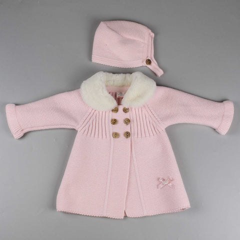Baby Girls Pink Knitted Coat - Faux Fur Collar with Bonnet