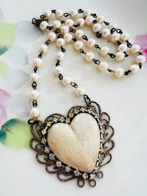 Whitewash Neutral Clay Heart Filigree Necklace - Montana Rustic Accents