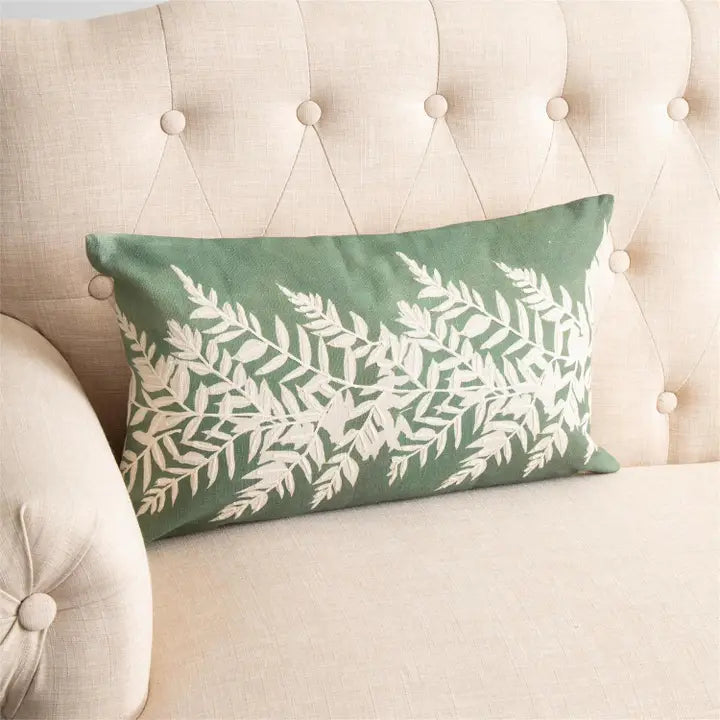 Lumbar Pillow - Embroidered Leafy Green