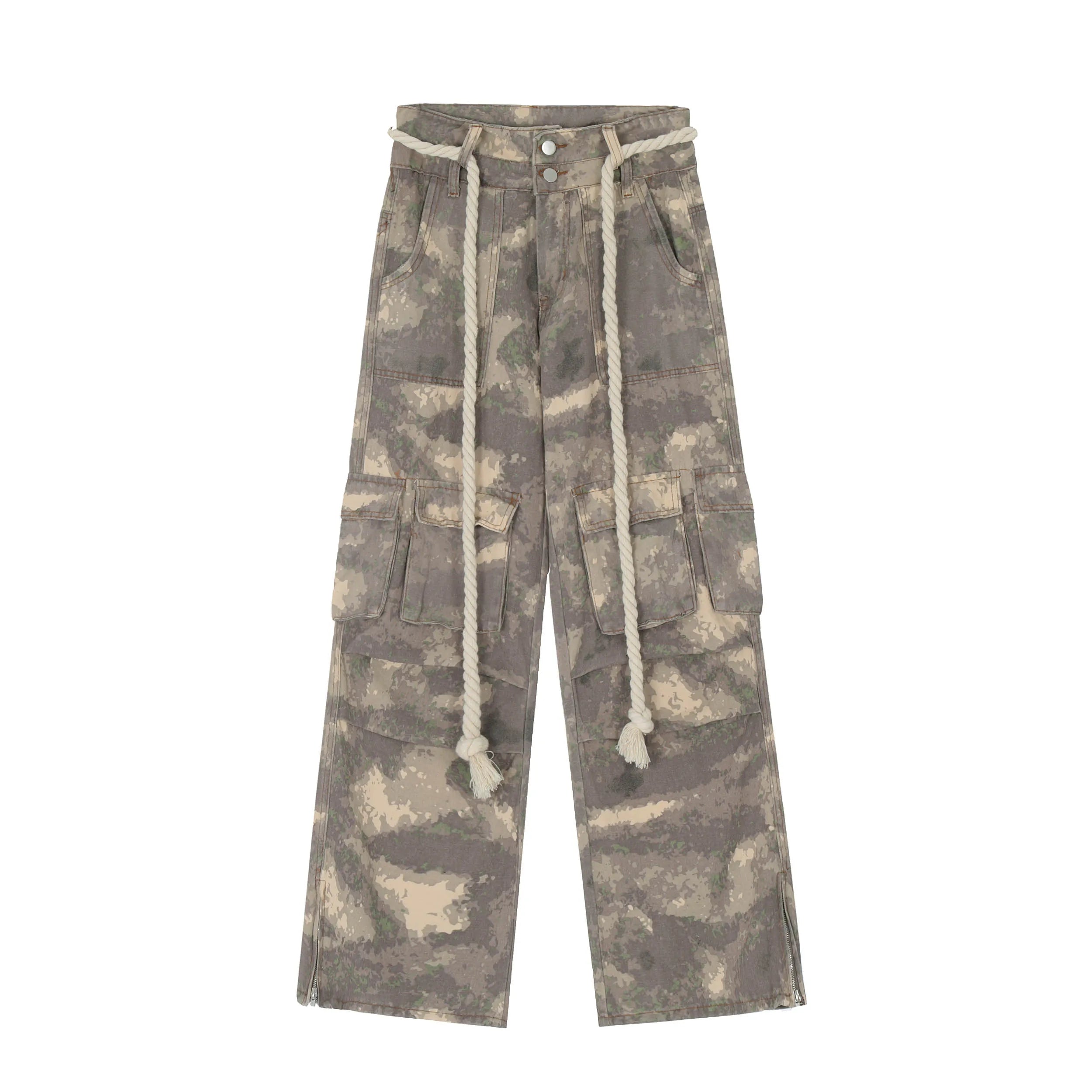 Camo Cargo Pants with Braided Hemp Rope Belt