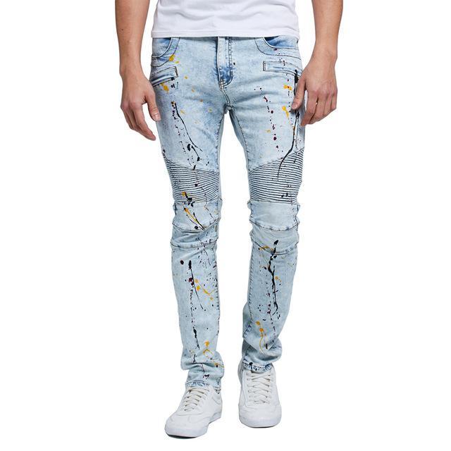 biker jeans with paint splatter