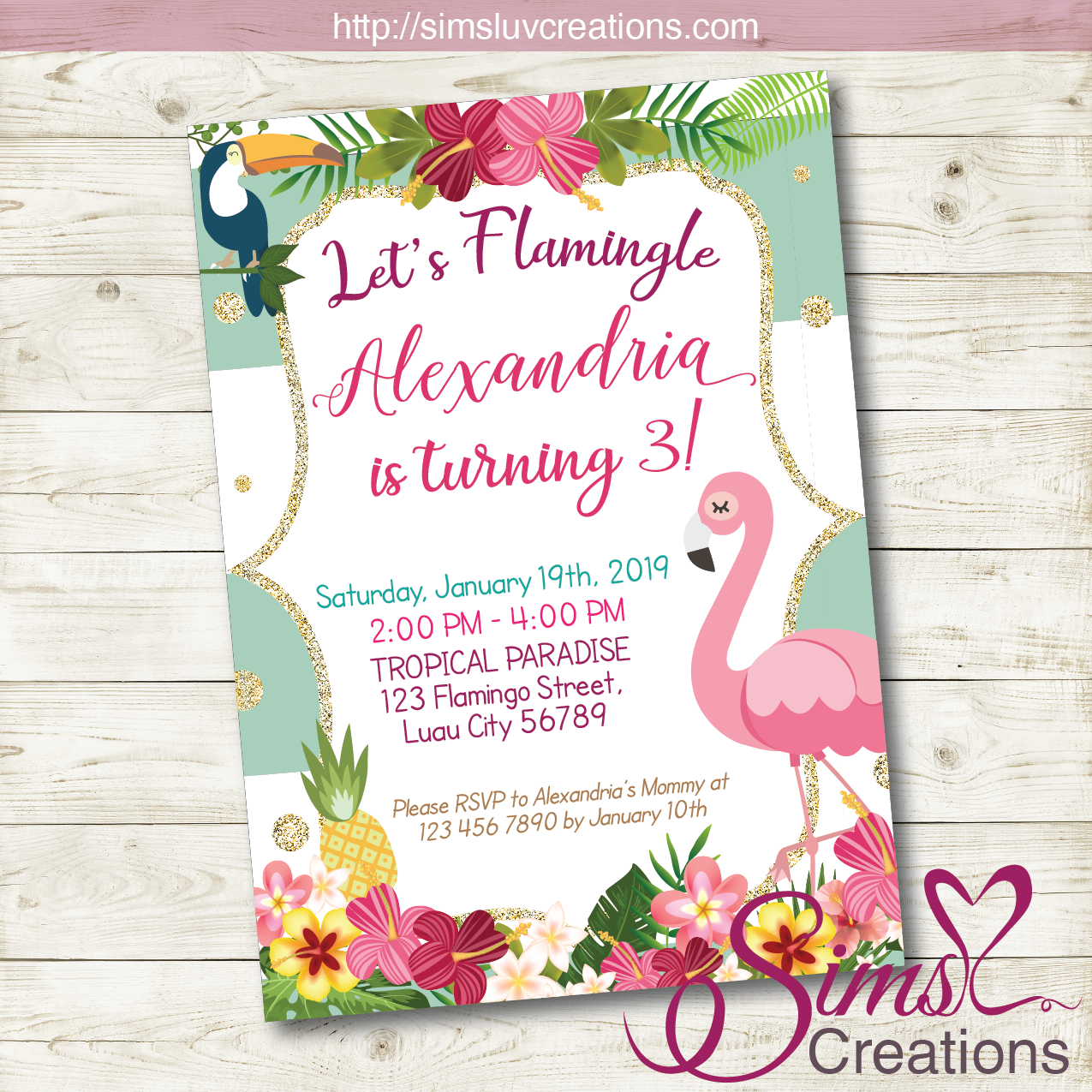 Flamingo Birthday Printable Invitation Tropical Luau Party Invitation