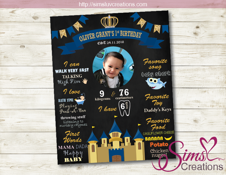 Prince, Royal, King, Blue, Gold, First Birthday, One, Birthday Party  Invitation