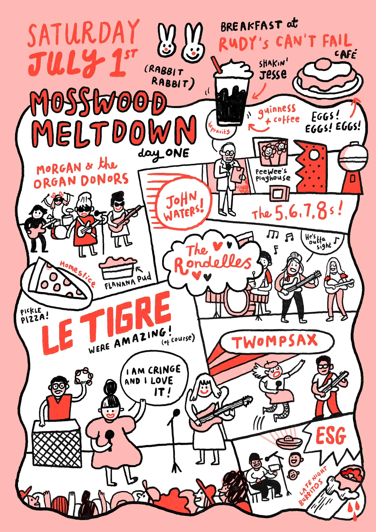 Mosswood Meltdown diary by Gemma Correll featuring Le Tigre and John Waters