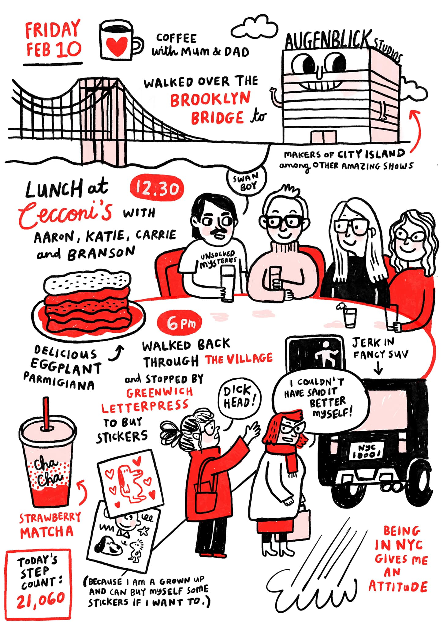 NYC daily diary by Gemma Correll featuring Augenblick Studios and Strawberry Matcha