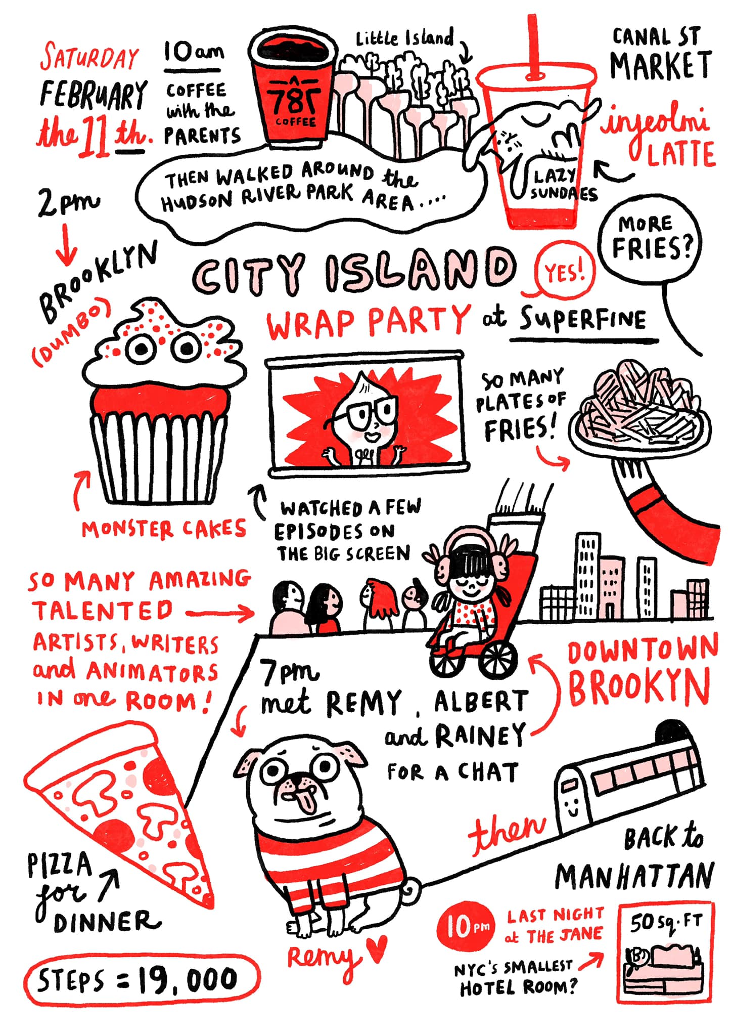 NYC daily diary by Gemma Correll featuring the City Island Wrap Party