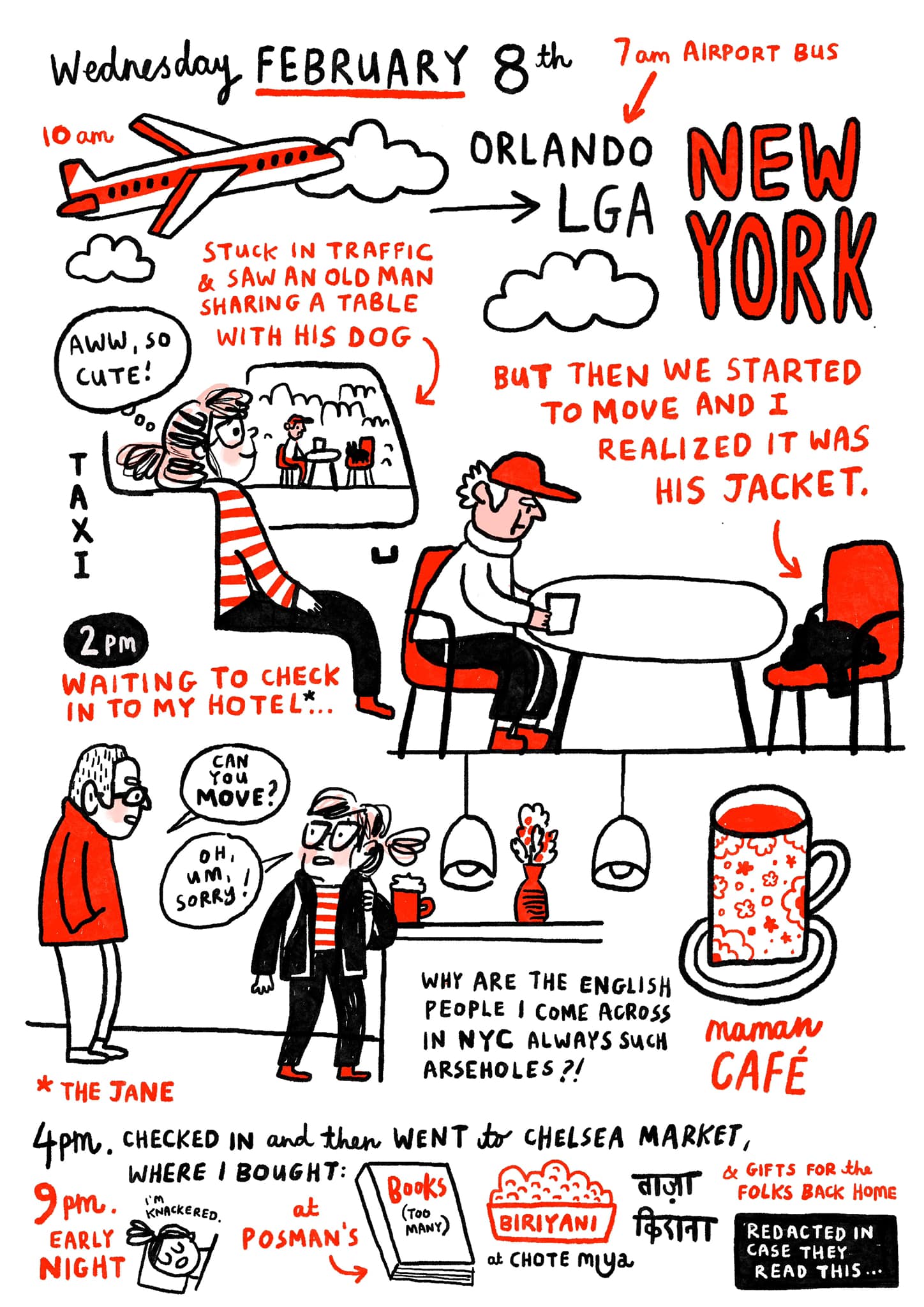 NYC diaries by Gemma Correll featuring a rude English person in a cafe and Chelsea Market