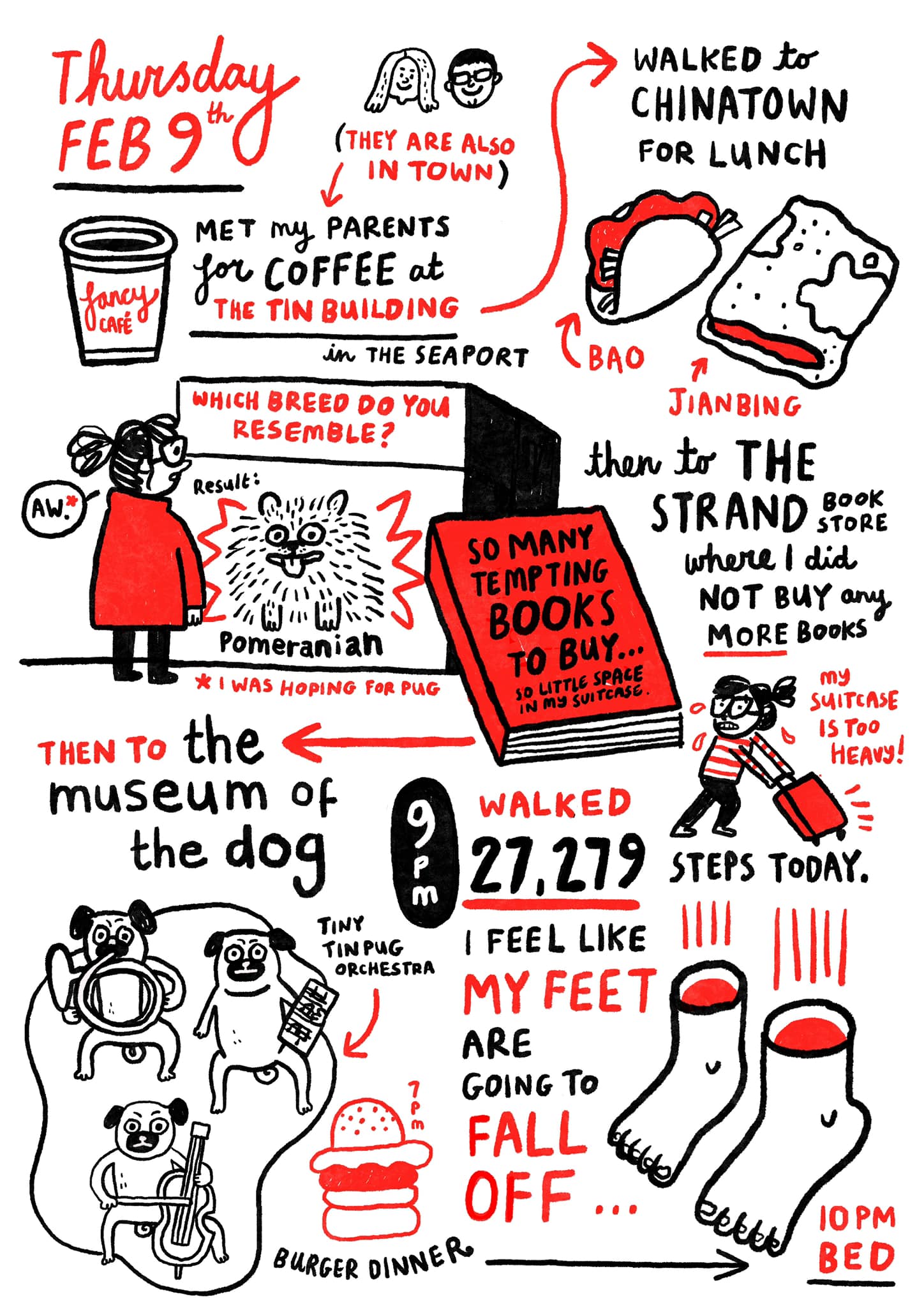 NYC daily diary by Gemma Correll featuring the Museum of the Dog and walking 27279 steps