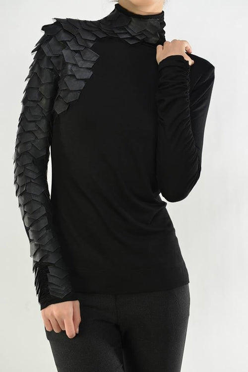 Leather Patch Shoulder Raw Moda Long Sleeves Top