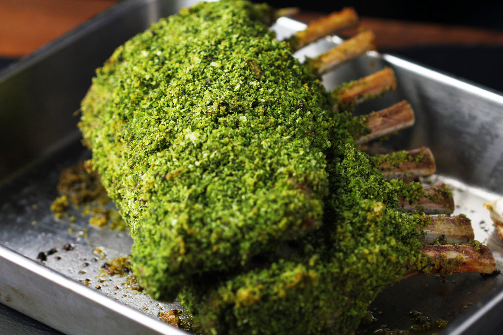 Frenched Lamb Rack with bright Green Basil Crust