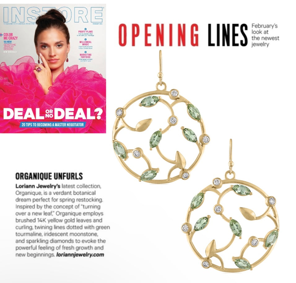 LORIANN Jewelry featured in INSTORE Magazine Opening Lines Botanica Hoop Earrings