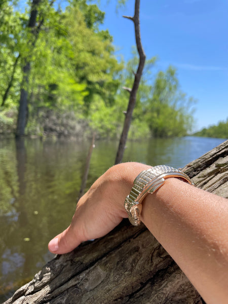 Madeline Wears MIMOSA Handcrafted's Alligator Bracelet While on A Swamp Tour